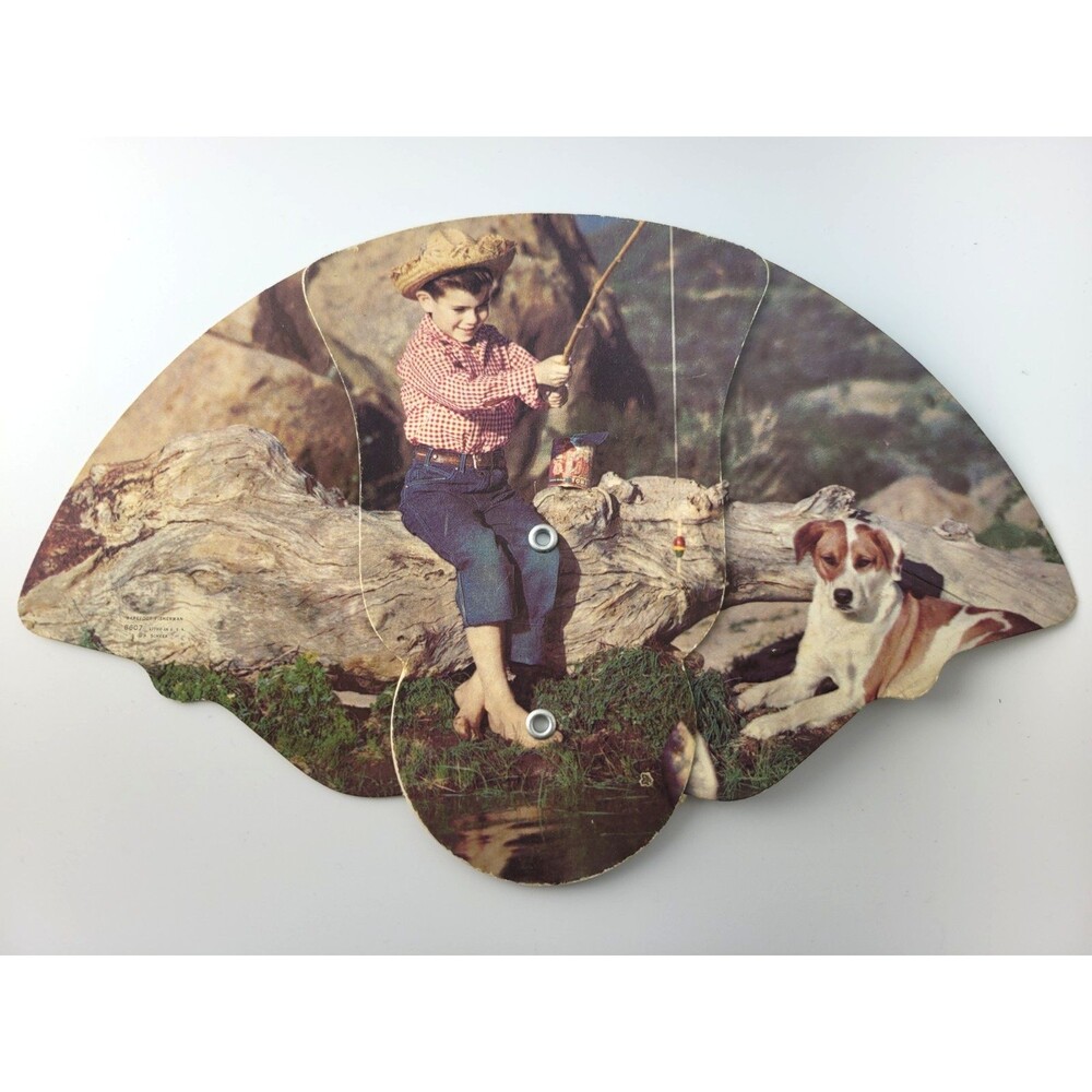 Vintage Advertising Cardboard Hand Fan Boy Fishing & Dog New Orleans Louisiana7"